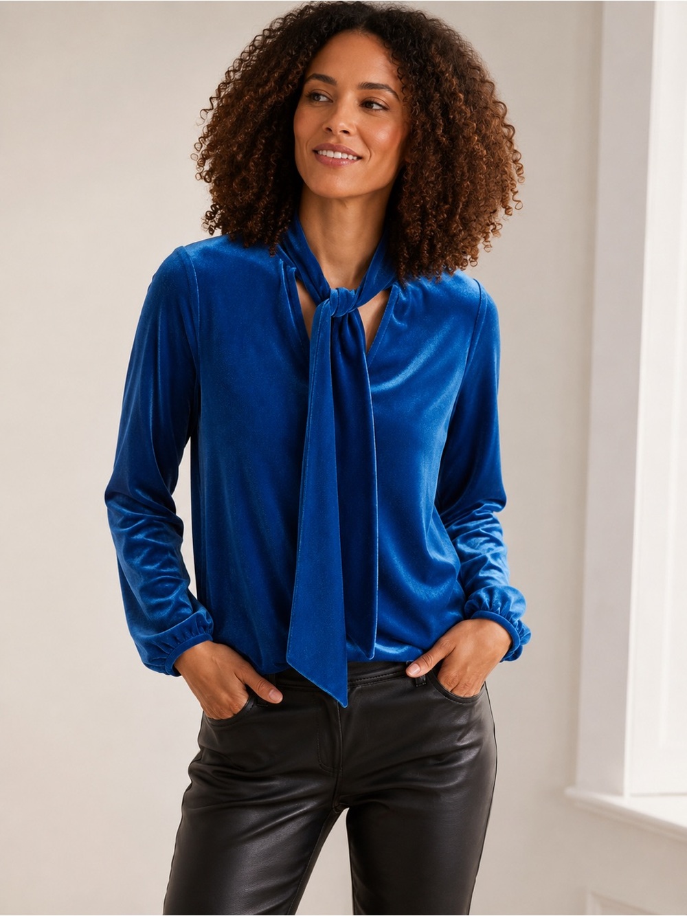 Boden Nancy Velvet Tie Neck Blouse Blue Long Sleeve, Size 4